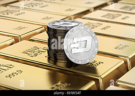 Dash coins laying on stacked gold bars (gold ingots) rendered with shallow depth of field. Concept of highly desirable cryptocurrency. 3D rendering Stock Photo