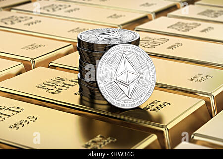 Ethereum coins laying on stacked gold bars (gold ingots) rendered with shallow depth of field. Concept of highly desirable cryptocurrency. 3D renderin Stock Photo