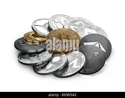 Huge stack of different cryptocurrencies with a golden bitcoin on the front. Isolated on white background. 3D illustration Stock Photo