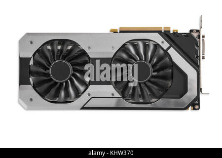 Video Graphics card with powerful GPU isolated on white background. Might be used to mine cryptocurrencies. Closeup photo with shallow depth of field. Stock Photo