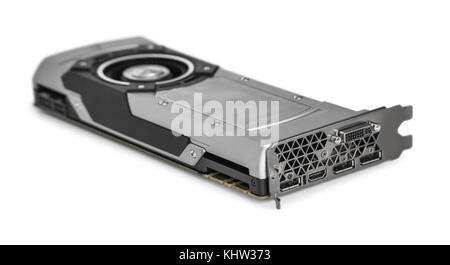 Video Graphics card with powerful GPU isolated on white background. Might be used to mine cryptocurrencies. Closeup photo with shallow depth of field. Stock Photo