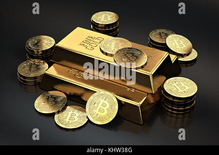 Stack of Bitcoins and gold ingots (bullion bar). Cryptocurrencies as a future gold (most precious commodity in the world). 3D rendering Stock Photo