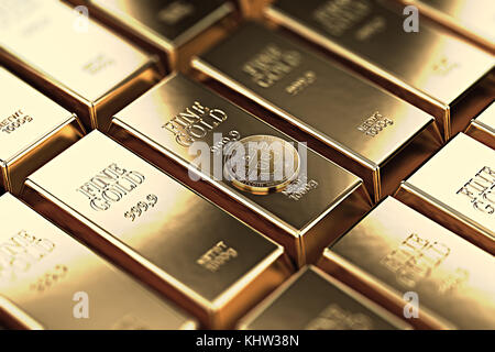 Bitcoin laying on stacked gold bars (gold ingots) rendered with shallow depth of field. Bitcoin as desirable as gold concept. 3D rendering Stock Photo