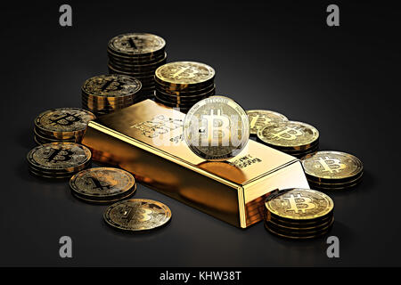 Big stack of Bitcoins and gold bar (gold ingot). Bitcoin as a future gold (most precious commodity in the world). 3D rendering Stock Photo