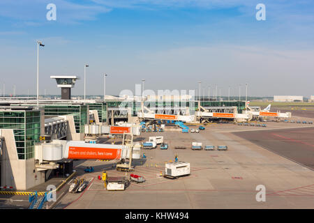 Gates at Amsterdam Airport Schiphol as seen from the panorama platform Stock Photo