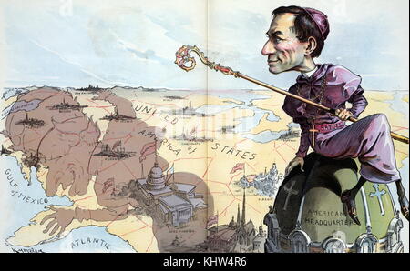 Illustration titled 'The American Pope' depicting Cardinal 'Statolli' holding a crosier, sitting atop an enormous dome ladled 'American Headquarters' and casting a large shadow in the shape of Pope Leo XIII across the landscape of the United States Several cities, some with buildings labelled 'Public Schools' are encompassed by the shadow of the Pope, including New York City, the U.S. Capitol building, 'Memphis, New Orleans, El Paso, Denver, [and] San Francisco'. Illustrated by Udo Keppler (1872-1956) an American political cartoonist, publisher, and Native American advocate. Dated 19th Century Stock Photo