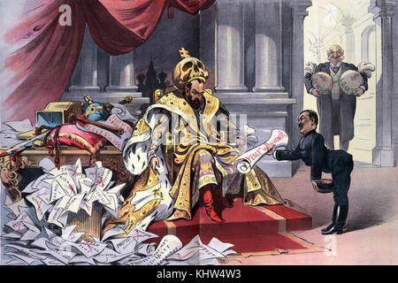 Illustration titled 'Kishineff must be paid for - with interest'. The illustration depicts Tsar Nicholas II of Russia (1868-1918) sitting on a throne, wearing a large skull topped with a cross as a crown; a Japanese man is offering him papers labelled 'Peace ' with Honour' ' and a Jewish man, holding bags labelled 'Jewish Loans' is standing in a palace doorway in the background. There is an overflowing basket of papers labelled 'Jewish Petition [and] Protest against Kishineff Massacres' piling up on the floor. A paper on a desk states 'Cost of War to Russia $1,042,500,000'. Stock Photo