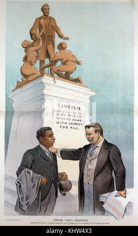 Illustration titled 'Justice versus Prejudice'. The illustration depicts President Theodore Roosevelt Jr.  (1858-1919), standing with his right hand on the left shoulder of an African-American man, standing to the left, and his left hand on a paper labelled '15th Amendment'; behind them is a statue labelled 'Lincoln - With Malice Toward None With Charity Toward all' showing Abraham Lincoln standing at the top with freed African American slaves. Illustrated by Udo Keppler (1872-1956) an American political cartoonist, publisher, and Native American advocate. Dated 20th Century Stock Photo