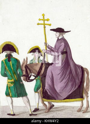 Print depicting Papal Nuncio, Mr Speroni, on horseback passing two guards, carrying the cross of the Pope to the coronation of Napoleon I at Notre Dame Cathedral. Dated 19th Century Stock Photo