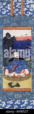 Printed miniature scroll painting of a deity at Tenman Shrine. The scroll depicts a man, possibly Sugawara Michizane as Tenjin, facing right, sitting in the Tenman Shrine. Dated 19th Century Stock Photo
