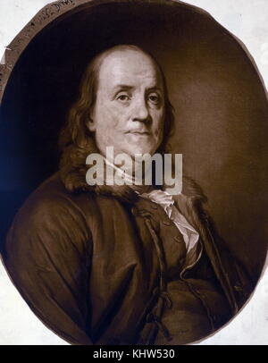 Portrait of Benjamin Franklin (1706-1790) one of the Founding Fathers, polymath, author, political theorist, printer, politician, freemason, postmaster, scientist, inventor, civic activist, statesman, and diplomat. Dated 18th Century Stock Photo