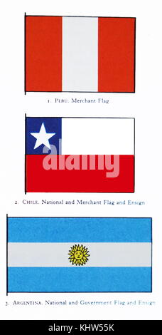 Collection of South American Flags: 1. Peru, 2. Chile and 3. Argentina. Dated 20th Century Stock Photo