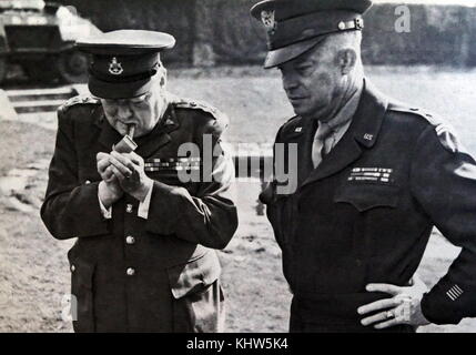 Photograph of Dwight D. Eisenhower with Prime Minister Sir Winston Churchill. President Dwight D. Eisenhower (1890-1969) an American politician, Army general and 34th President of the United States. Sir Winston Leonard Spencer-Churchill (1874-1965) a British politician and Prime Minister of the United Kingdom. Dated 20th Century Stock Photo