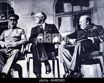 Photograph of President Theodore Roosevelt, Sir Winston Churchill and Joseph Stalin during the Tehran Conference. Theodore Roosevelt Jr. (1858-1919) an American statesman, author, explorer, soldier, naturalist, reformer and 26th President of the United States. Sir Winston Leonard Spencer-Churchill (1874-1965) a British politician and Prime Minister of the United Kingdom. Joseph Stalin (1878-1953) a Soviet revolutionary, political leader, and Premier of the Soviet Union. Dated 20th Century Stock Photo