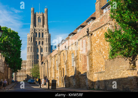 Ely Cambridgeshire UK, view in summer of Ely Cathedral tower viewed from the street known as The Gallery, UK. Stock Photo