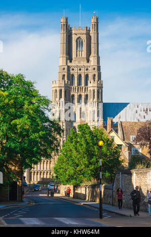 Ely Cambridgeshire, Ely Cathedral tower viewed from the street known as The Gallery, UK. Stock Photo