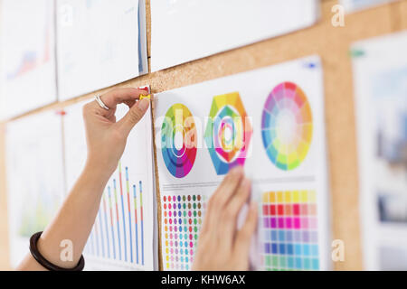 Woman pinning up colour charts and graphs Stock Photo