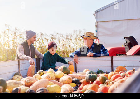 Farmers and boy at pumpkin farm Stock Photo