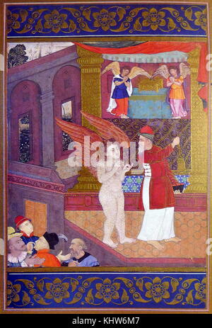 Mughal painting depicting Abraham being visited by Angels. The patriarch, holding a book and censer, looks back at one angel following him across a courtyard; an entrance behind supported by two golden pillars reveals two winged angels standing on either side of an altar upon which rests a radiant golden casket; in the foreground four men in European costume and with puzzled expressions cluster before the gate; a rural landscape is visible behind through and above the openings in a high arched wall, a finely painted miniature in good condition, design on columns and casket raised in gold. Stock Photo