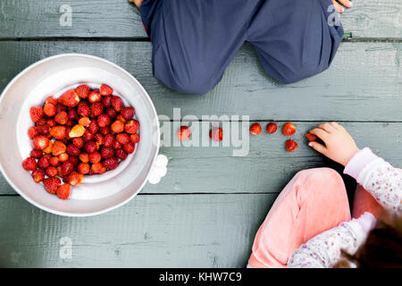 Two children sitting on wooden floor, bowl of strawberries beside them, overhead view Stock Photo
