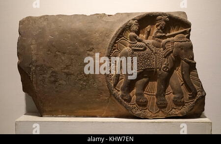 Carved sandstone railing pillar depicting a King on an elephant, from Uttar Pradesh. Dated 2nd Century BCE Stock Photo