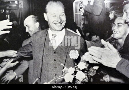 Photograph of Alexander Dubcek arriving at Kosice railway station. Alexander Dubcek (1921-1992) a Slovak politician and, briefly, leader of Czechoslovakia. Dated 20th Century Stock Photo