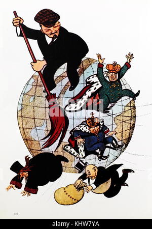 Communist propaganda poster depicting a jaunty Vladimir Lenin (1870-1924) wielding a sure broom to sweep from the globe such figures of the old order as Kings, a black-robed priest, and -clutching his money bag- a top-hatted capitalist. Dated 20th Century Stock Photo