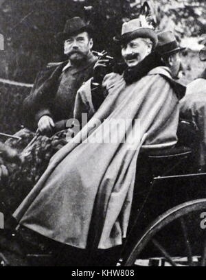 Photograph of Tsar Nicholas II and Kaiser Wilhelm II of German riding in a carriage together. Tsar Nicholas II (1868-1918) the last Emperor of Russia. Wilhelm II (1859-1941) the last German Emperor and King of Prussia, ruling the German Empire and the Kingdom of Prussia. Dated 20th Century Stock Photo