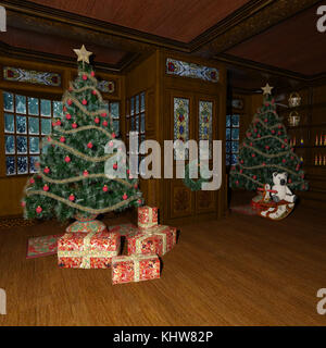 3D rendering of a beautiful Christmas trees and lots of children's toys in a cozy room on the background of windows with light and snow reflections Stock Photo