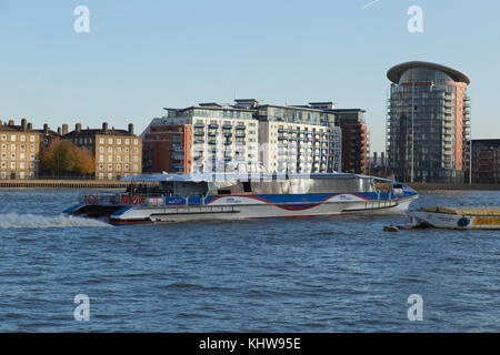 Catamaran clipper on the River Thames in Rotherhithe London United Kingdom Stock Photo