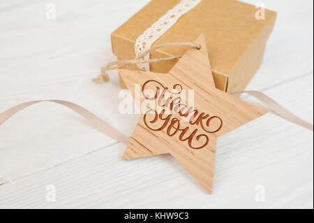 text thank you on wooden star and box, Thanksgiving Day you card Stock Photo
