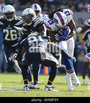Carson, USA. 19th Nov, 2017. Buffalo Bills wide receiver Kelvin Benjamin #13 being hit on his last play of the game in 1st quarter of the NFL Buffalo Bills vs Los Angeles Chargers at the Stubhub Center in Carson, Ca on November 19, 2017. (Absolute Complete Photographer & Company Credit: Jevone Moore/Cal Sport Media (Network Television please contact your Sales Representative for Television usage. Credit: Cal Sport Media/Alamy Live News Stock Photo