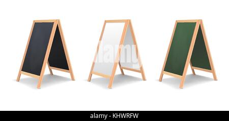 Realistic special menu announcement board icon set. Vector clean restaurant outdoor blackboard background. Mockup of chalkboard for restaurant menu, isolated on white background. Half-turnover view. Stock Vector