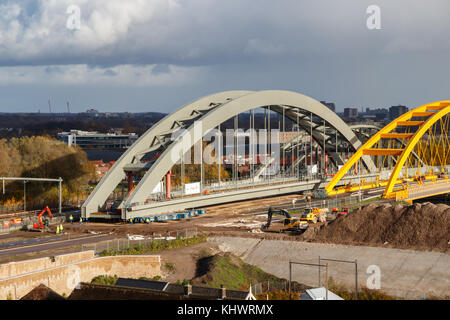 Construction site of the new Amsterdam-Rhine Canal rail bridge under a cloudy sky. Utrecht, The Netherlands. Stock Photo