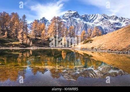 Reflection into Lago del Sangiatto in Alpe Devero in autumn, province of Verbano Cusio - Ossola, Piemonte, Italy Stock Photo
