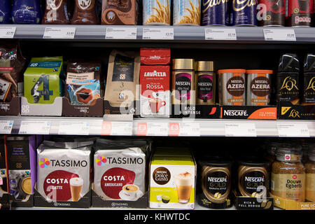 Coffee on sale on a shelf in a supermarket store. Stock Photo