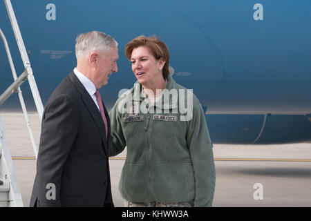 PETERSON AIR FORCE BASE, Colo. – Secretary of Defense Jim Mattis is greeted by Gen. Lori Robinson, North American Aerospace Defense and U.S. Northern Command commander at the Peterson Air Force Base. Colorado flight line on Nov. 16, 2017. As secretary of defense, this was Mattis’ first official visit to Colorado Springs, Colorado. (U.S. Air Force photo by Steve Kotecki)