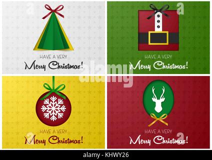 Merry Christmas greeting card or banner set with tree, santa, deer and christmas ball cutted from paper. Design template for websites magazines, infographics, advertising etc., vector illustration Stock Vector