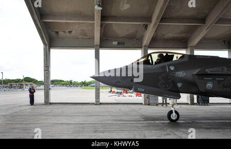 A U.S. Air Force F-35A Lightning II from Hill Air Force Base, Utah, taxis for take-off at Kadena Air Base, Japan, Nov. 16, 2017. The F-35A stealth fighters arrived to Kadena AB in the first such deployment to the Asia-Pacific region. (U.S. Air Force photo by Naoto Anazawa) Stock Photo