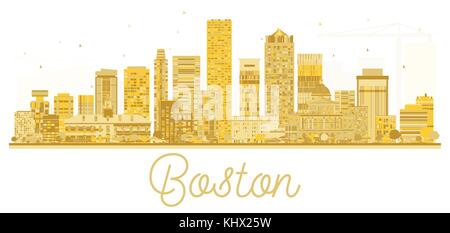 Boston USA City skyline golden silhouette. Vector illustration. Business travel concept. Cityscape with landmarks. Stock Vector