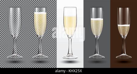 Champagne Glass Set on Different Backgrounds. Transparent. Vector Illustration. Stock Vector