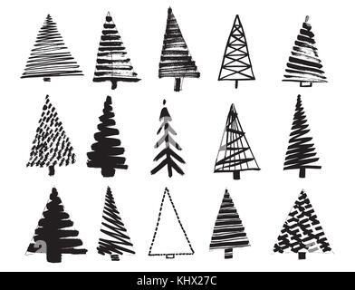 Christmas Tree Sketch Set Isolated on White Background. Vector Illustration. Stock Vector