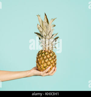 Female hand holding ripe pineapple Stock Photo