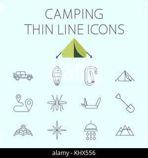 Camping thin line vector icon for web and mobile applications. Set includes - offroad car, sleeping bag, carabiner, tent, mosquito, map pin, penknife, Stock Vector