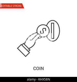 Coin in Hand Icon. Thin Line Vector Illustration. Adjust stroke weight - Expand to any Size - Easy Change Colour - Editable Stroke - Pixel Perfect Stock Vector
