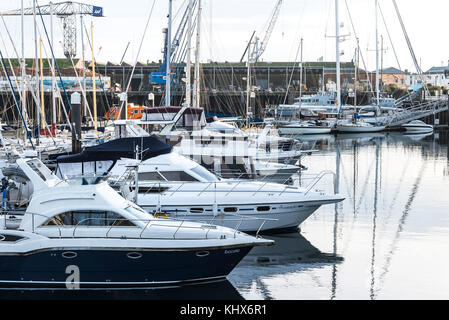 Boats yachts sailing craft moored in Port Pendennis Marina Falmouth Cornwall UK. Stock Photo