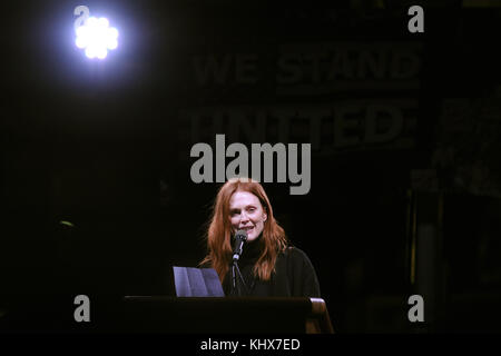 NEW YORK, NY - JANUARY 19: Julianne Moore gives a speech as people gather in front of Trump International Hotel & Tower in New York, USA on January 19, 2017 during a demonstration to protest US President-elect, Republican, Donald Trump ahead of his inauguration which will be held in Washington. Mayor of New York Bill de Blasio,Mayor of Minneapolis Betsy Hodges participate the protest as well as celebrities including Robert De Niro, Marisa Tomei, Sally Field, Alec Baldwin, Mark Ruffalo, Cynthia Nixon, Michael Moore, Cher, Natalie Merchant   People:  Julianne Moore Stock Photo