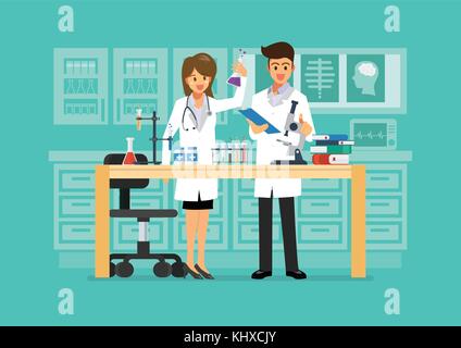 Doctor and science technician doing research in medical laboratory. vector illustration Stock Vector