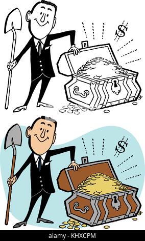 A businessman digs up a chest of buried golden treasure. Stock Vector