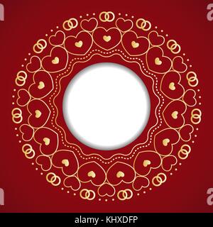Round frame with decorative elements. Wedding card with gold hea Stock Vector